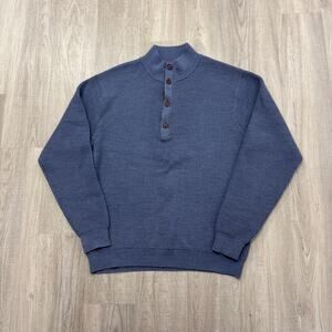 Orvis Knit Sweater Men's Medium Blue 1/4 Button Merino Wool Fisherman Pullover